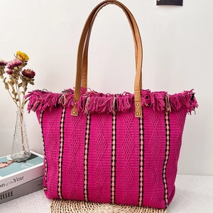 Large Woven Cotton Tote Bag For Women With Tassels Vertical Stripes Beach Travel Shoulder Bag Faux Leather Straps