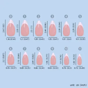 Detailed size chart for almond press-on nails showing length and width in cm and inches