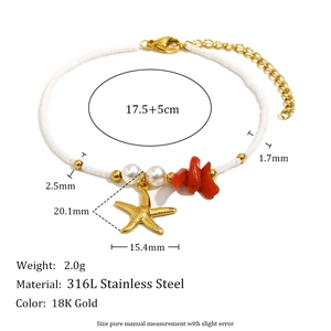 Detail view of 18K gold stainless steel starfish bracelet with beads and dimensions
