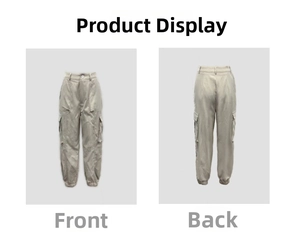 Front and back detail of light khaki high-waisted cargo pants with elastic cuffs