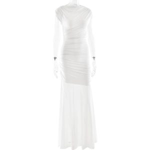 Detail of white sleeveless ruched dress with sheer mesh skirt and pleated waist