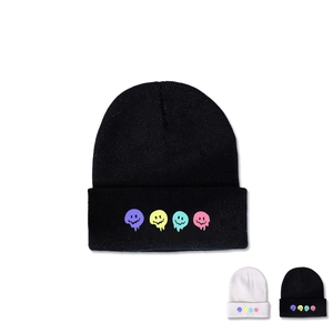 Berretto In Maglia Di Acrilico Unisex Con Risvolto E Faccine Sorridenti Sciolte Colorate Streetwear Caldo Inverno