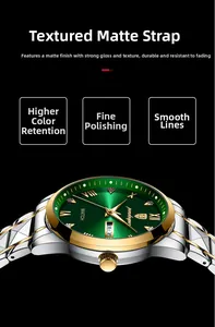 Detail of emerald green sunray dial with golden indices and dual calendar display