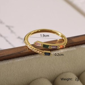 Macro view of 18K gold plated ring with colorful zircon stones and size measurements
