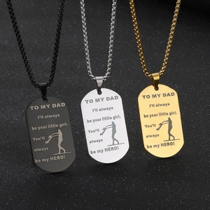 Stainless steel dog tag necklaces in black, silver and gold with To My Dad engraving