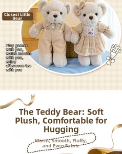 Detail of soft rabbit plush texture on cartoon teddy bear couple in plaid outfits