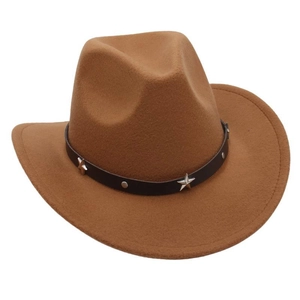 Detail of brown wool cowboy hat featuring a leather band with silver star metal studs