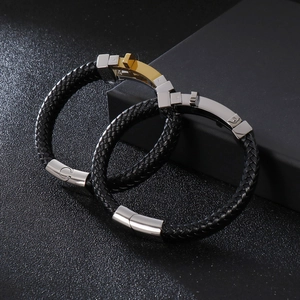 Men's braided leather cross bracelets with silver and gold magnetic clasps for casual style