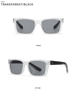 Front and 45-degree side views of retro square sunglasses with transparent frames