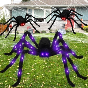 Halloween Giant Plush Spider Glowing Web Decoration Purple LED Light Outdoor Yard Haunted House Decor Waterproof
