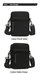 Detail view of black oxford nylon crossbody bag showing the adjustable shoulder strap and texture