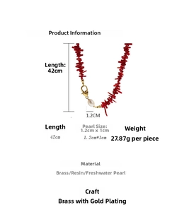 Detailed specs of red coral-style resin necklace with a freshwater pearl and brass