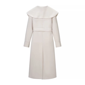 Elegant beige long wool coat with large lapel collar and belted waist, back view design