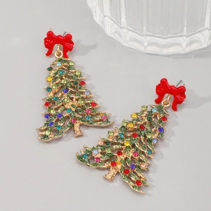 Detail of Christmas tree earrings with colorful crystals and a festive red bow