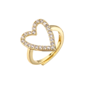 Macro view of adjustable brass heart ring with micro-paved sparkling cubic zirconia