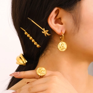 Vintage gold star and moon jewelry set with sparkling rhinestones earrings and ring