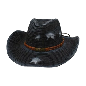 Chapeau de cowboy noir en paille avec motifs d'étoiles blanches et bande marron avec concho