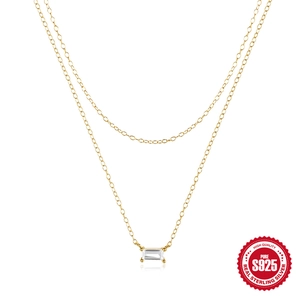 S925 Sterling Silver Layered Necklace For Women Gold Plated Double Chain Square Zirconia Pendant Minimalist Fashion Jewelry