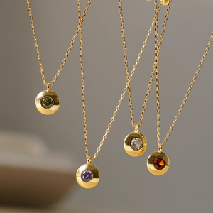 Set of 18K gold plated birthstone necklaces with colorful round zircon pendants