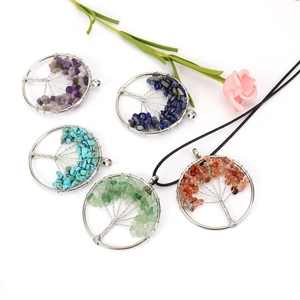 Handmade tree of life wire wrapped natural crystal pendants with black wax cord necklaces