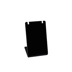 Macro shot of L-shaped black acrylic jewelry stand with dual hanging notches for necklaces
