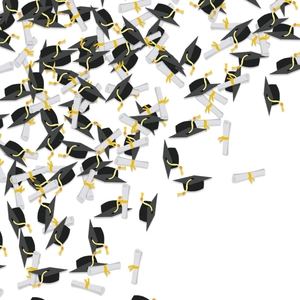 Confetti set of 100 graduation caps and diplomas for party table decoration