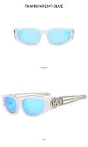Detailed views of Y2K sunglasses with transparent blue frames and NUR logo on the temple