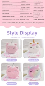 Detail view of plush unicorn crossbody bag showing soft fur texture and zip closure