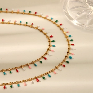Bohemian multilayered stainless steel waist chain with colorful enamel teardrop pendants