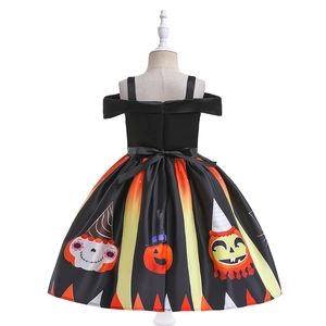 Back view of a black and orange girls' Halloween pumpkin dress with a satin waist bow