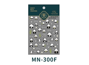 Detail of Panda nail decals with bamboo and star patterns on MN-300F sticker sheet