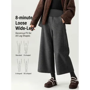 Winter maternity wool wide-leg pants in dark grey with warm thick fabric and loose fit