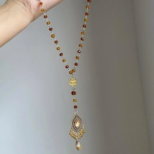 Collier Long Perlé Ethnique Vintage Avec Cristal Artificiel Noeud Chinois Alliage Pendentif Goutte D'eau Creux Pour Femmes