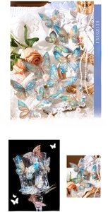 Detailed view of ice crystal laser gold butterfly stickers on a glass surface