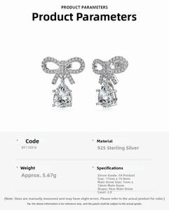 Detailed view showing S925 sterling silver bow earrings with pear-cut zirconia drops