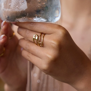 Chic gold safety pin ring in double-layered stainless steel design for women