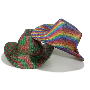 Sparkly Christmas cowboy hats in rainbow and red-green stripes with sequins