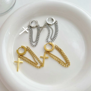 Trendy stainless steel cross tassel earrings in gold and silver finish with double chains