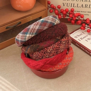 Elegant red plaid and tweed headband collection for a vintage winter hairstyle look