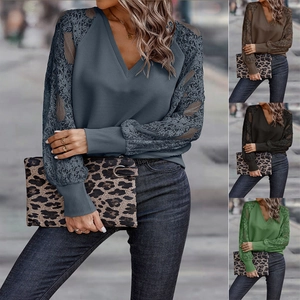 Women's V-neck knit top with lace patchwork long sleeves available in multiple colors
