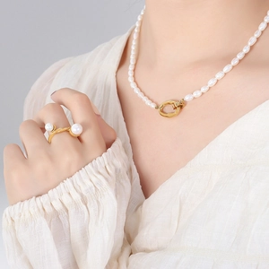Gold plated titanium steel jewelry set with natural freshwater pearl necklace and ring