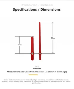 Macro detail of red aluminum clock hands model 993 showing lengths 47mm and 88mm