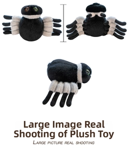 Detailed multi-angle views of a plush black spider toy with realistic compound eyes