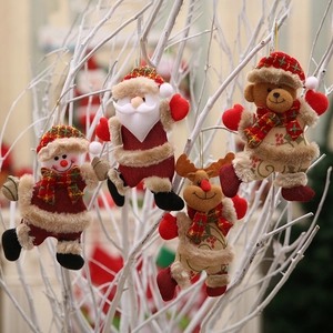 Set of 4 plush Christmas tree hanging ornaments featuring Santa, Snowman, Deer and Bear