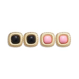 Vintage geometric square stud earrings with golden rope texture in black and pink enamel