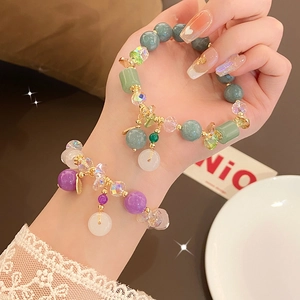 Pulsera De Cuentas Jade Púrpura Verde Cristal Aleación Dijes Dulce Elegante Elástica Cadena Mano Joyería Regalo Mujer