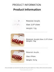 Macro view of burgundy acrylic teardrop and C-shape earrings with weight specifications