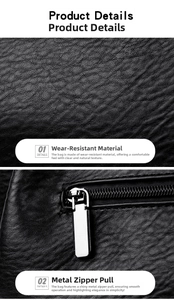 Close-up of durable litchi grain black leather texture and silver smooth metal zipper