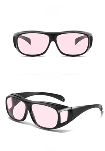 Front and side views of cycling sunglasses with black frames and pink lenses