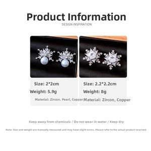 Detailed size and material specs for snowflake pearl and zircon stud earrings